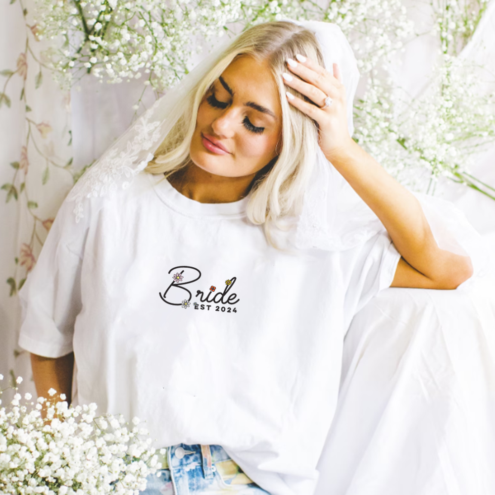 Floral Bride Established Personalised Year White T- Shirt