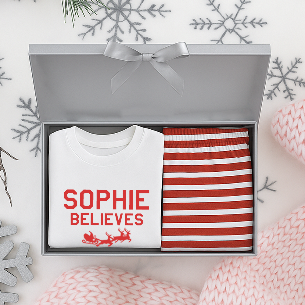 Christmas Gift Box - North Pole Personalised Believes White Tee & Red Stripe Pyjamas