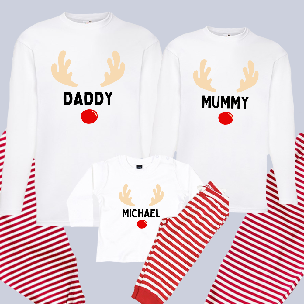 North Pole Reindeer Family Matching Long-Sleeve Tee & Red Stripe Pyjama Set