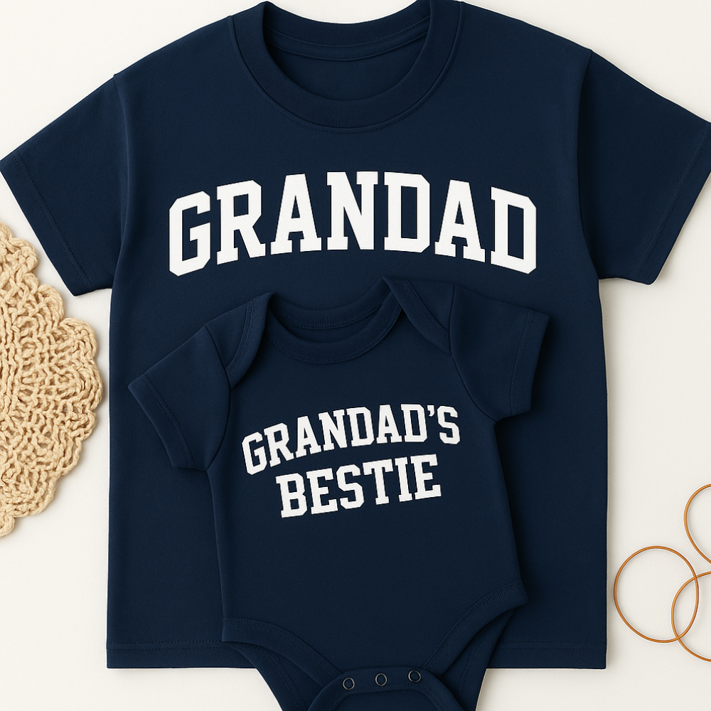 Grandad & Bestie College Matching Navy T-Shirt & Baby Vest
