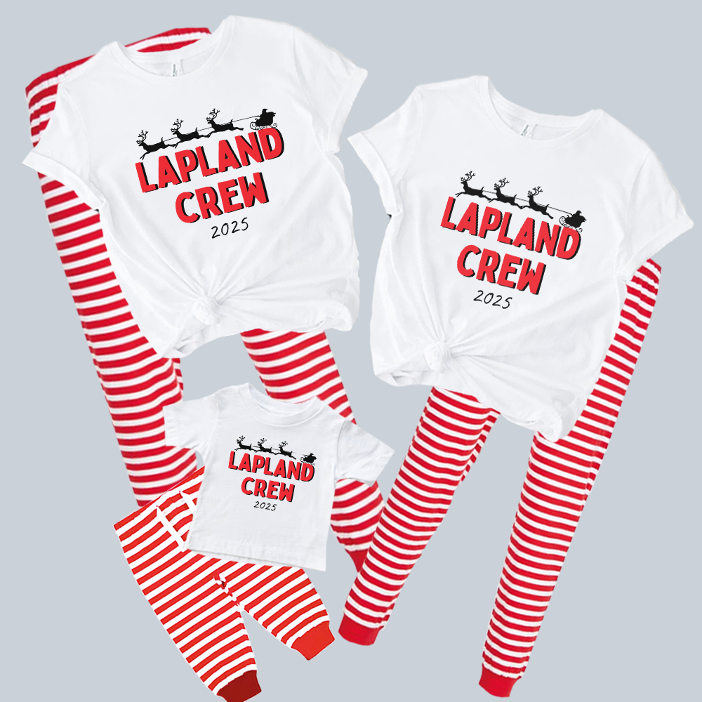 North Pole Lapland Crew 2025 Matching T-shirt & Red Stripe Pant Pyjama Set