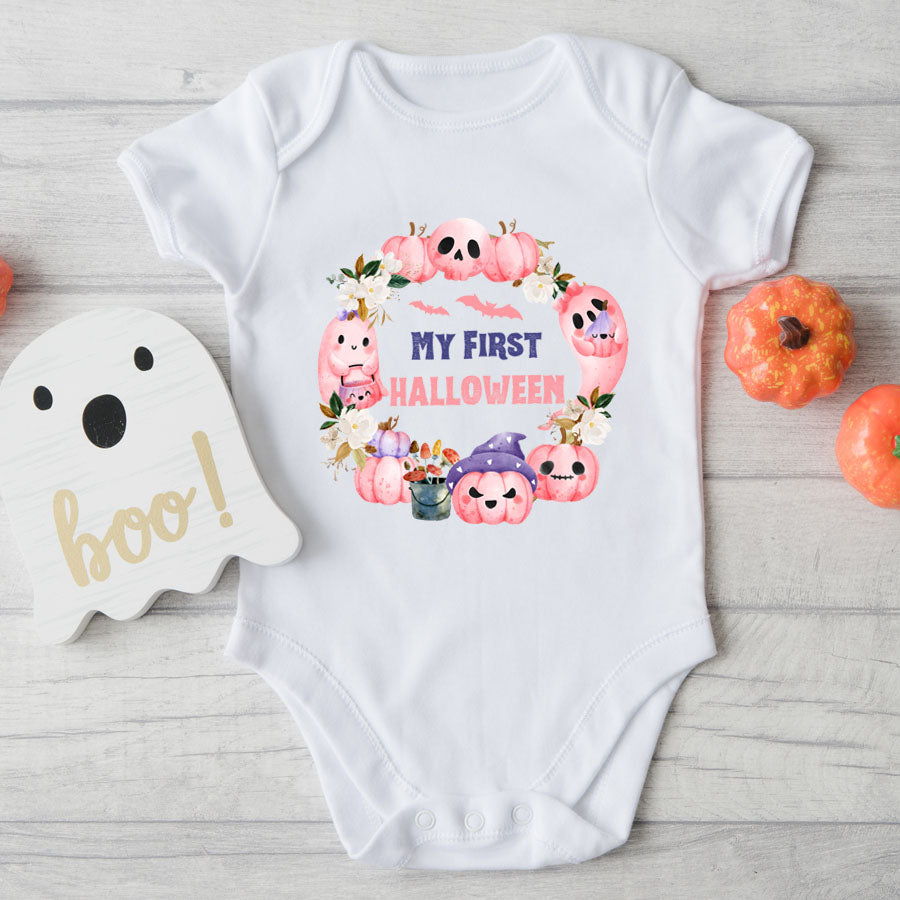 Pink Pumpkins First Halloween Baby Bodysuit Vest White