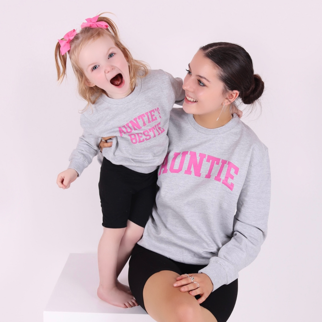 Auntie & Auntie's Bestie College Matching Grey/Pink Sweatshirts