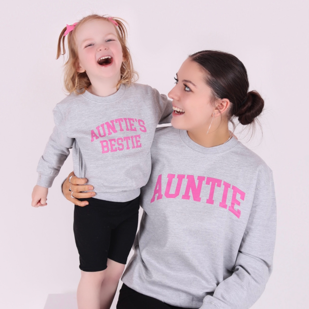 Auntie & Auntie's Bestie College Matching Grey/Pink Sweatshirts