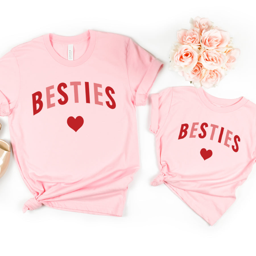 Besties Love Hearts Mum & Kid Matching Light Pink T-Shirts