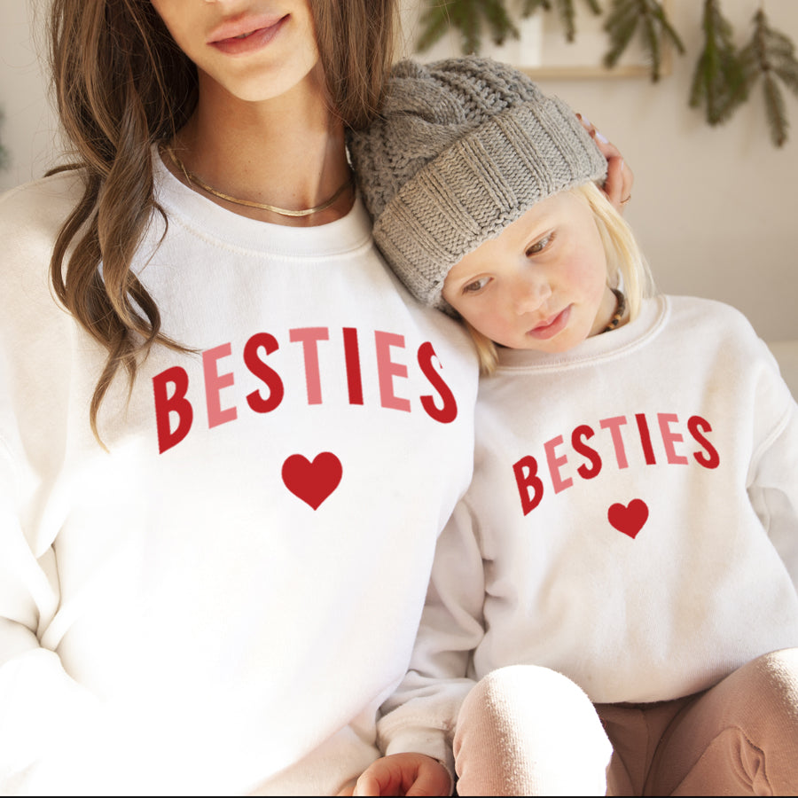 Besties Love Hearts Mum & Kid Matching White Sweatshirts