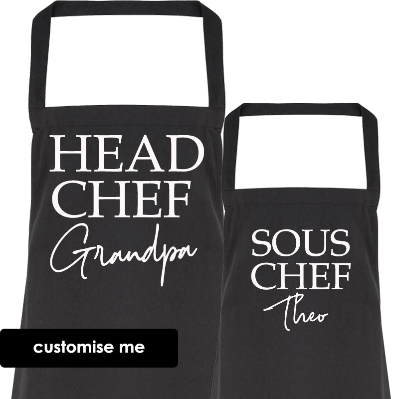 Personalised Grandpa & Sous Chef Matching Black Aprons