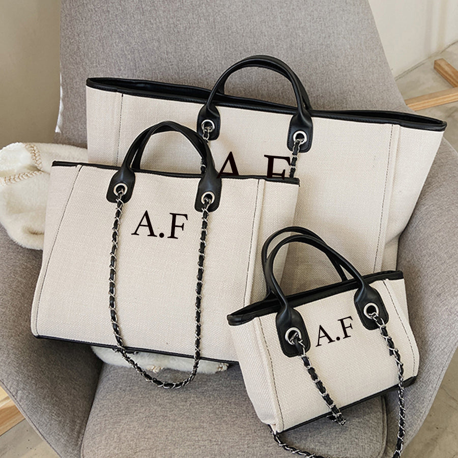 Carnaby London Personalised Initial Chain Tote Bag Ivory/Black