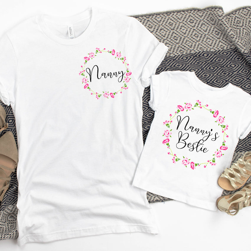 Nanny & Nanny's Bestie Floral Ring White T-Shirts