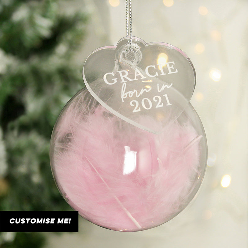 Personalised Born In Pink Feather Glass Bauble With Heart Tag (MRK-iD)