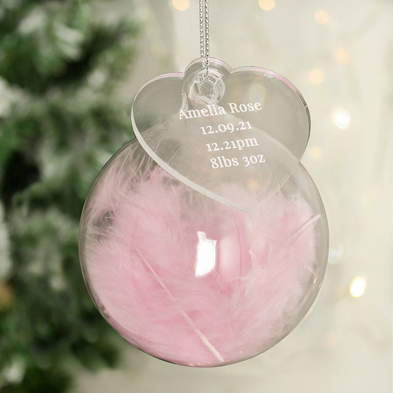 Personalised Born In Pink Feather Glass Bauble With Heart Tag (MRK-iD)