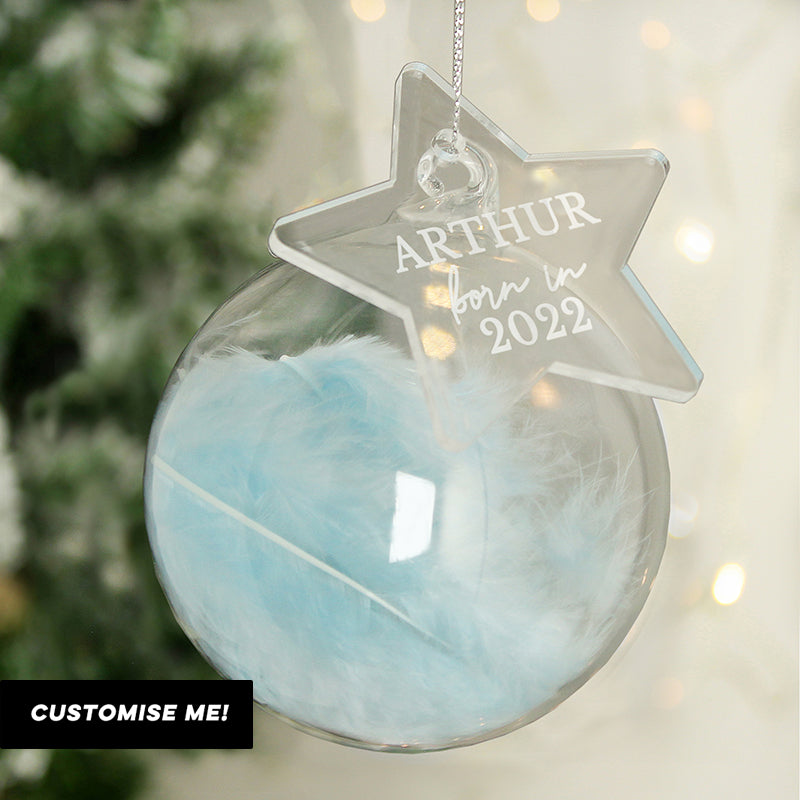 Personalised Born In Blue Feather Glass Bauble With Star Tag (MRK-iD)