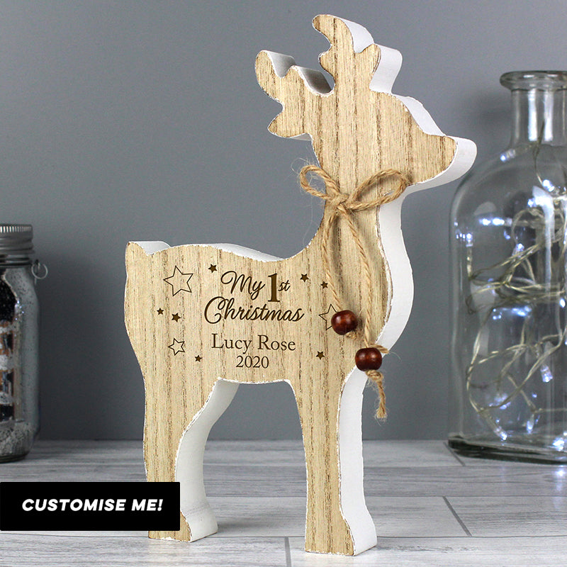 Personalised '1st Christmas' Rustic Wooden Reindeer Decoration (MRK-iD)