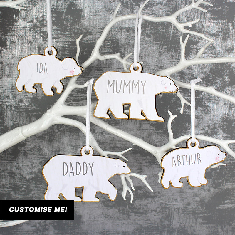 Personalised Set of Four Polar Bear Family Wooden Hanging Decorations (MRK-iD)