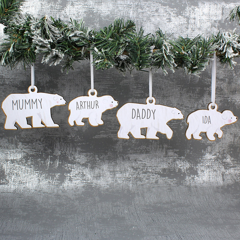 Personalised Set of Four Polar Bear Family Wooden Hanging Decorations (MRK-iD)