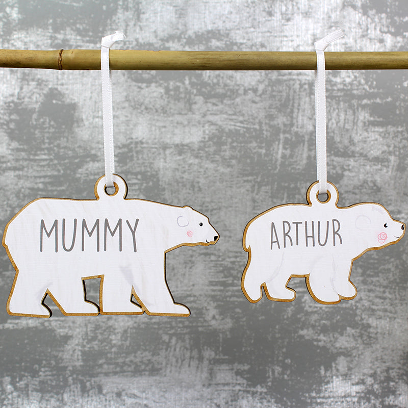 Personalised Set of Four Polar Bear Family Wooden Hanging Decorations (MRK-iD)