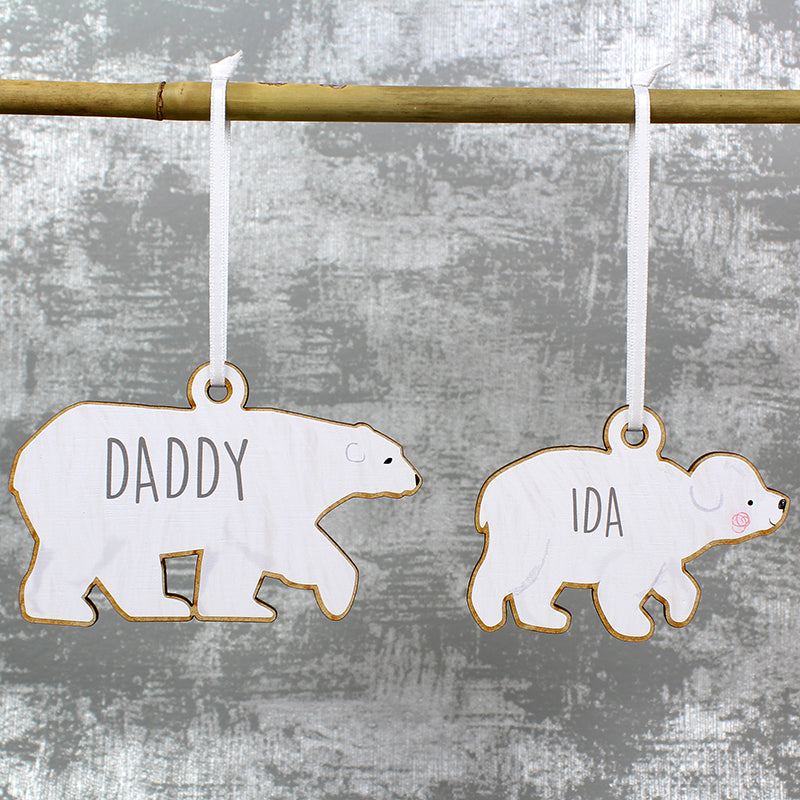 Personalised Set of Four Polar Bear Family Wooden Hanging Decorations (MRK-iD)