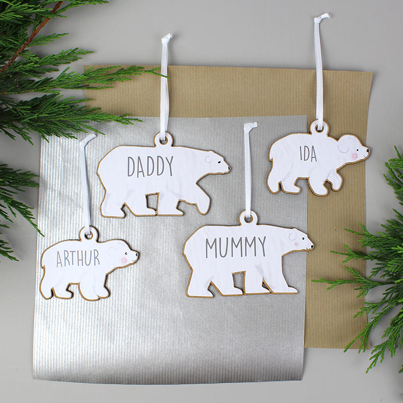 Personalised Set of Four Polar Bear Family Wooden Hanging Decorations (MRK-iD)