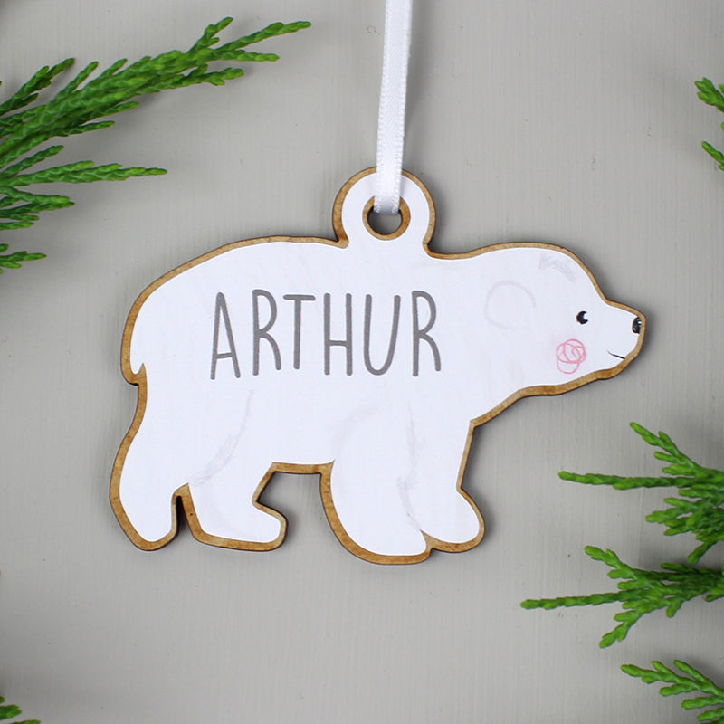 Personalised Set of Four Polar Bear Family Wooden Hanging Decorations (MRK-iD)