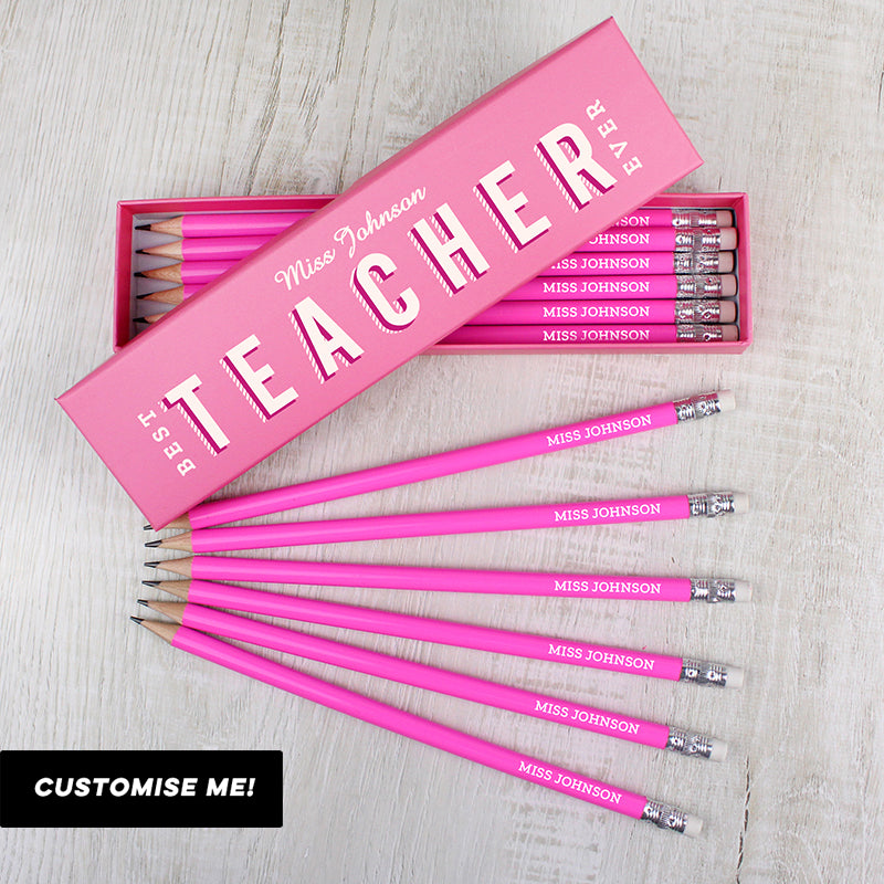 Personalised Best Teacher Ever Box and 12 Pink HB Pencils (MRK-iD)