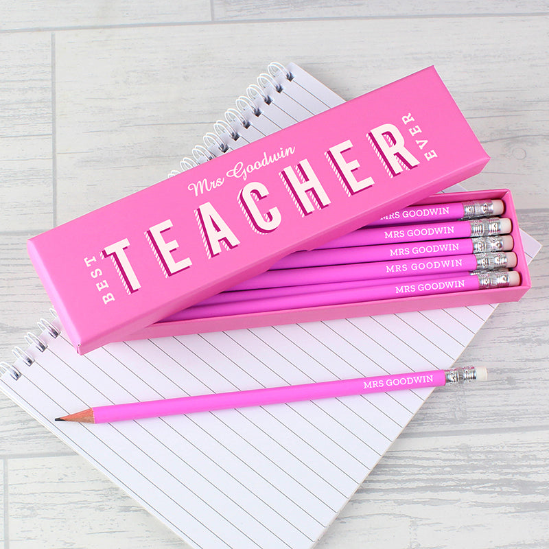 Personalised Best Teacher Ever Box and 12 Pink HB Pencils (MRK-iD)