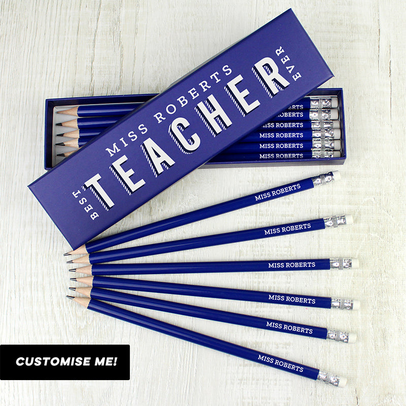 Personalised Best Teacher Ever Box and 12 Blue HB Pencils (MRK-iD)