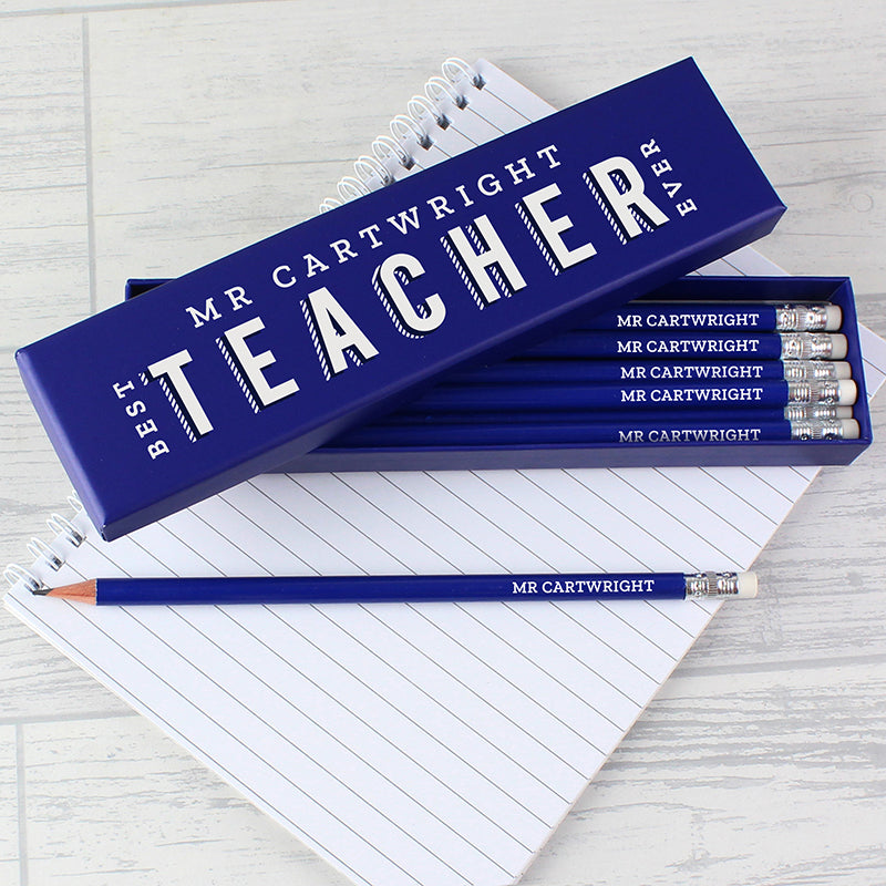 Personalised Best Teacher Ever Box and 12 Blue HB Pencils (MRK-iD)