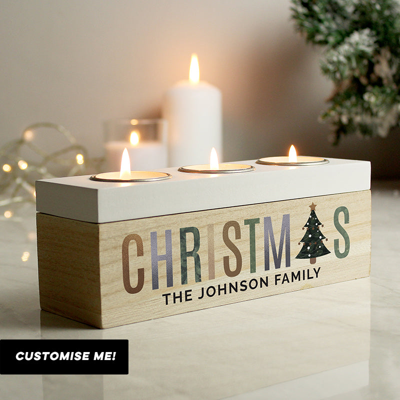 Personalised Christmas Tree Triple Tea Light Box (MRK-iD)